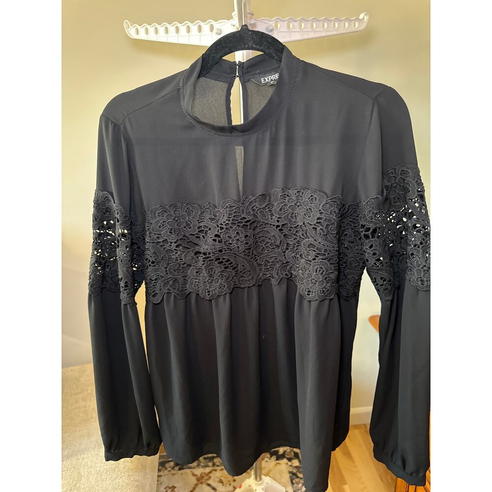Express Black Detailed Top Long Sleeve Crochet Design Blouse Dressy Women Size M